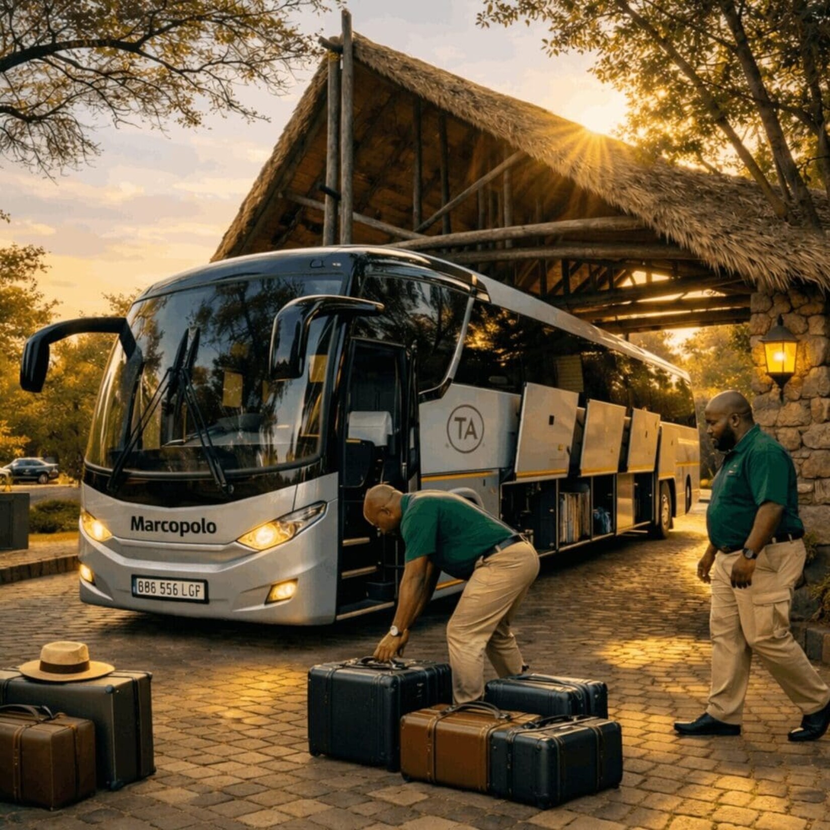 Private executive coach service preparing to pick up guests from a luxury safari lodge in Kruger Park.
