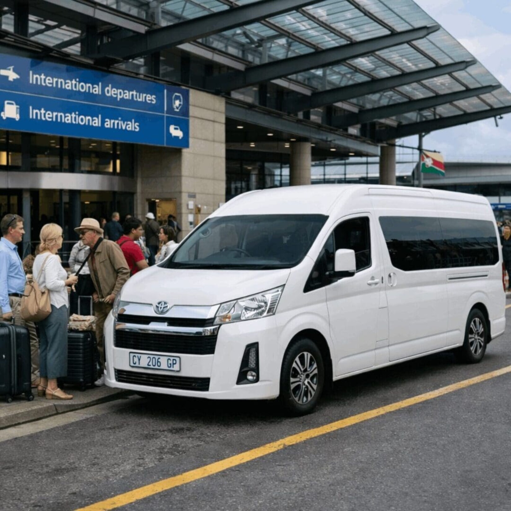 New-specification luxury executive minivan parked at OR Tambo International Airport terminal for a private VIP arrival and transfer.