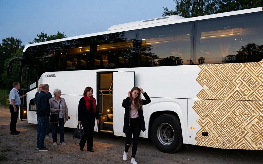 52 Seater Scania luxury coach parking at Safari Lodge.
