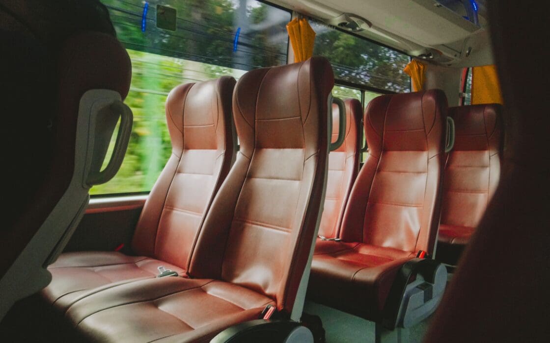 Reclining leather seats in a luxury tour coach
