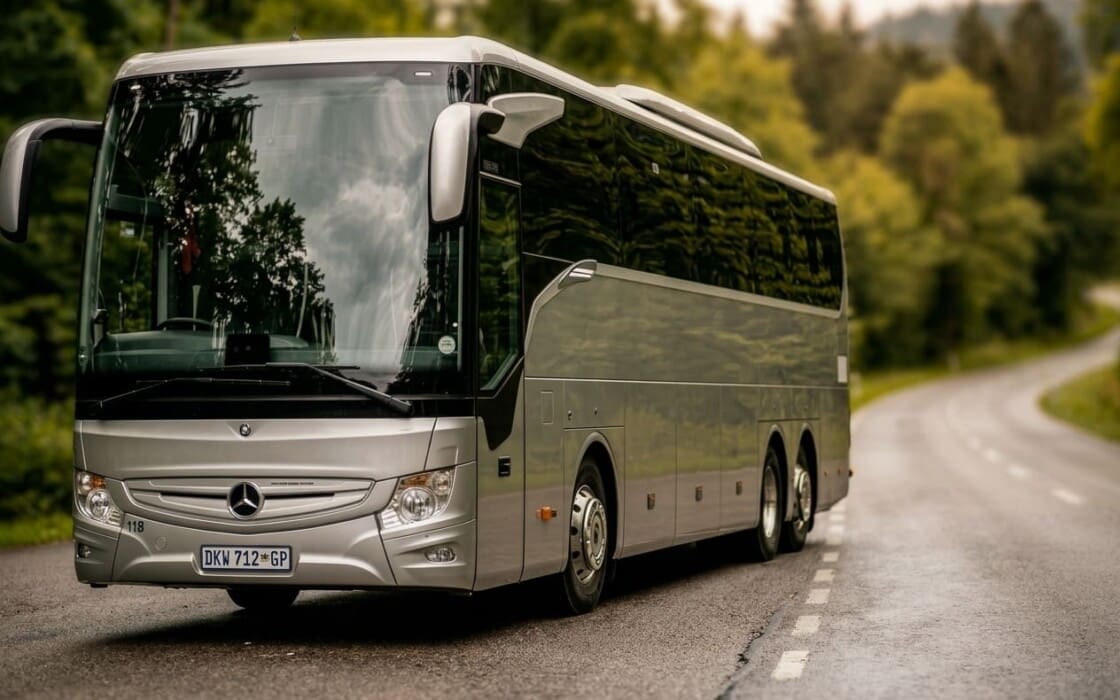 Grey 52 Seater Mercedes Benz Luxury touring coach parking